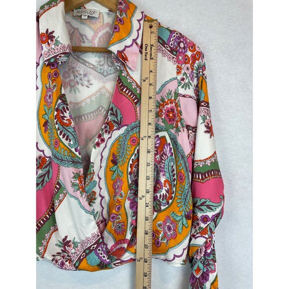 Rachel Zoe Wrap Top Womens XS Boho Long Sleeve Floral Colorful Pink Green - Picture 10 of 11